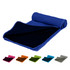 A blue cooling towel with a textured surface, rolled up and laid out next to several other coloured towels.