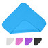 A triangle-shaped cooling towel in bright blue, with options in white, pink, and black below. Features a logo.