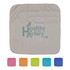 A cooling face cloth in grey with a logo, accompanied by pink, orange, green, and blue square versions.