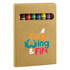 A crayon set featuring eight crayons in various colours, packaged in a brown cardboard box with a viewing cutout.