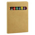 A crayon set in a kraft box displaying eight vibrant colours through a cut-out window. Contains a logo.