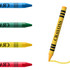 A set of five crayon sticks in blue, green, yellow, red, and orange, with a yellow crayon featuring a logo.