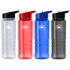 A drink bottle set featuring clear, red, blue, and black bottles with a logo on each. Ideal for hydration.
