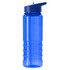 A drink bottle in a vibrant blue colour with a screw-on lid and a built-in straw, featuring a logo.