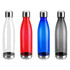A drink bottle collection featuring clear, red, blue, and grey designs with stainless steel bases and caps.