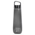 A drink bottle in a sleek, smoky grey colour with a black lid and a handle for easy carrying. It features a logo.