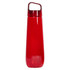 A drink bottle in a vibrant red colour with a curved design and a handle. It features a logo on the body.
