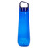 A drink bottle in a bright blue colour with a handle and a transparent design. It has a logo on the side.