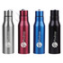A drink bottle set featuring silver, red, blue, and black bottles, each with a logo on the front.