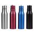 A drink bottle collection featuring silver, burgundy, blue, and black options, each with a metal finish and a lid.
