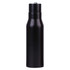 A drink bottle in sleek black with a threaded lid and a minimalist design. It features a branding logo.