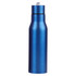 A drink bottle in a shiny blue finish with a screw-top lid and a decorative logo.