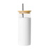 A drink bottle featuring a sleek white design with a bamboo lid and stainless steel straw.