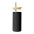 A drink bottle featuring a black sleeve, transparent glass body, bamboo lid, and stainless steel straw.