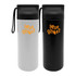 A drink bottle in white and black, featuring a logo, with a black lid and a carrying strap.