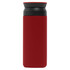 A drink bottle in a vibrant red colour with a black lid and a sleek design. It features a logo.