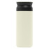 A drink bottle in a light cream colour with a black lid. It features a simple, sleek design and a logo.