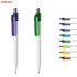A plastic pen featuring a white barrel with a purple and green clip, alongside multiple colour variations. Branding included.