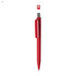 A red plastic pen with a sleek design and a silver clip, featuring a logo on its body.
