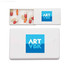 A white pill box with compartments containing various capsules, featuring a logo on the lid.