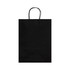 A large black paper bag with handles, featuring a simple design and a logo.
