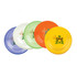 A set of five flying discs in purple, white, green, orange, and yellow, each featuring a logo.