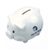 A white pig-shaped coin bank with a slot on top and a logo on the side.