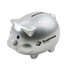A silver pig-shaped coin bank with a slot for coins and a logo on the side.