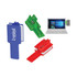 A mobile holder in blue and green, designed to attach to devices, featuring a logo on one side.
