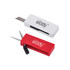 A white and red dual-function tool with a blade and scissors, featuring a logo on each item.