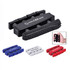 A black writing tool with colourful grips in red, blue, and white, featuring multiple rollers and a branded logo.