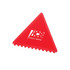 A triangular red ice scraper with a textured edge and a logo. Suitable for small spaces and effective scraping.