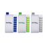 A drink bottle with a pillbox attachment, available in blue, green, and clear, featuring a logo.