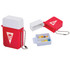 A red and white pill box with a keyring, featuring a compartment for organising pills and a small inner box.
