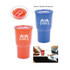 A drink bottle in orange and blue, featuring a logo, with a lid and straw. Suitable for travel and outdoor use.