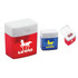 A red and a blue pencil sharpener, both with white lids, featuring logos on the front.