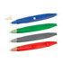 A staple remover and ball pen set in blue, green, grey, and red, featuring a logo on the pens.