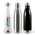 A drink bottle set featuring stainless steel in black, silver, and white with a logo on the white bottle.