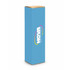 A drink bottle in a blue box with a logo, showcasing a sleek, tall design suitable for beverages.