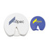 Two bag clips in white and blue, featuring logos, designed for sealing bags.