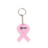 A pink key tag in the shape of a ribbon with a metal keyring and a logo.