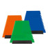 Three ice scrapers in orange, green, and blue with a black rubber grip on the bottom. Each scraper has a different textured edge.