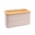 A pink eco lunch box with a bamboo lid features a phone holder slot on top. It has a sleek, stacked design.