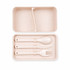 A light pink eco lunch box featuring a divider and matching cutlery set including a spoon, fork, and knife.
