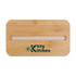 A bamboo lunch box lid with a phone holder slot and branding.