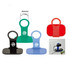 A set of mobile stands in green, blue, black, and red colours, featuring a logo and varying designs.
