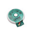 A round, turquoise and white pill box with compartments for seven days and a slide-out drawer. It features a logo.