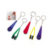A set of five keychain glasses cleaners in purple, green, red, and yellow. Each cleaner has a unique shape and design.