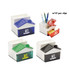 A pen holder and memo holder in four colours: blue, green, black, and white, with clips included.