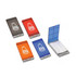 A set of five glasses cleaners featuring various colours: grey, red, and blue, with each having a logo.